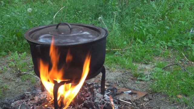 Rustic Pot Boiling Outdoor on a Fire in Yard, Rural Cooking, Healthy Food