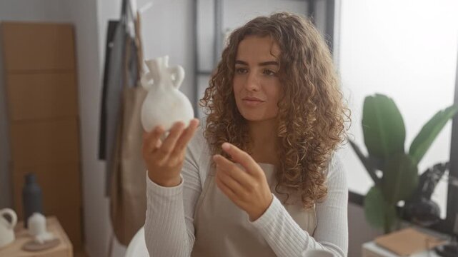 Woman holding ceramic vase with hands in studio, carefully inspecting pottery piece with focused gesture; calm concentration.