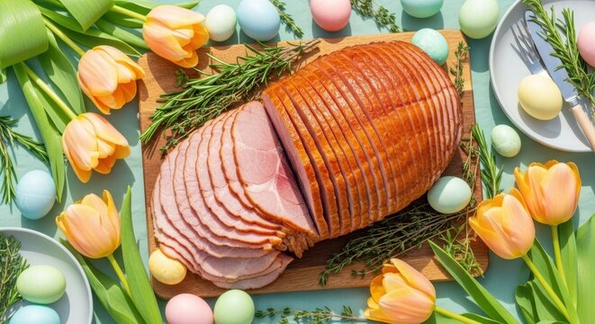 Easter Ham Feast: A beautifully sliced glazed ham takes center stage on a wooden board, surrounded by blooming tulips, pastel eggs, and fresh greenery, creating a vibrant and festive springtime scene.