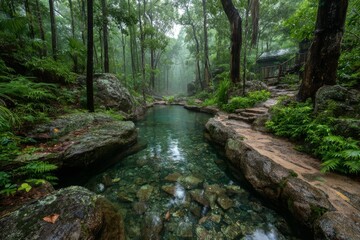 Fototapeta premium Surrounded by a lush green forest, the steaming outdoor hot spring offers natural wellness and tranquility