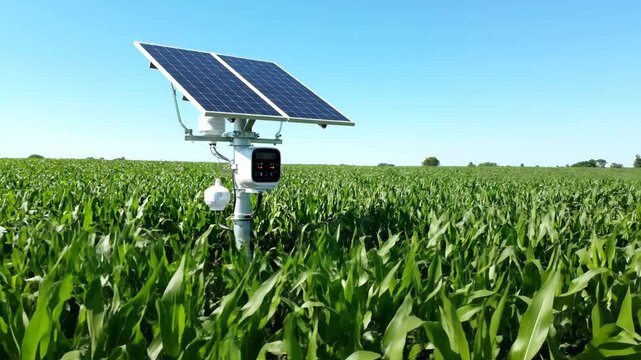 Autonomous agricultural sensor with a solar panel in a green cornfield. Smart farming technology using renewable energy for crop monitoring and data analysis
