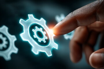 A human finger presses a glowing gear-shaped settings icon on a digital interface, symbolizing configuration and system settings