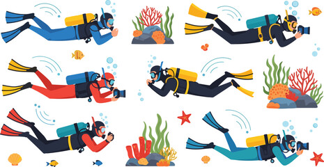 Scuba divers set with underwater photographers swimming in ocean with coral reefs fish and sea life flat vector illustrations © NURUL