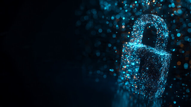 Abstract information security background featuring a glowing digital padlock, symbolizing data protection and cyber network safety in a futuristic environment