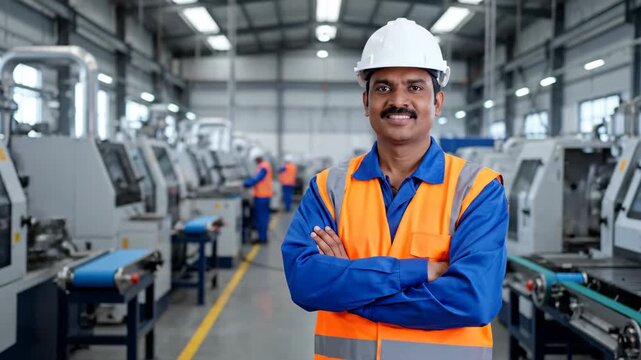 Panoramic banner of a confident indian male engineer in a hard hat and safety vest. Adult industrial worker posing with arms crossed in a modern manufacturing factory