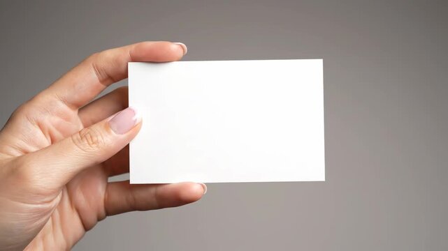 Adult female hand holding a blank white square paper card for mockup. Template for branding identity or social media post design presentation. Clean minimal concept for corporate message
