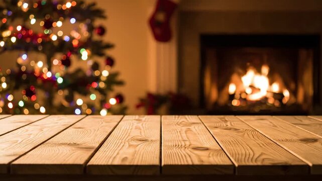 Empty wooden table for product display on a blurred christmas background. Cozy holiday interior with a decorated tree, bokeh lights and a warm fire in the fireplace