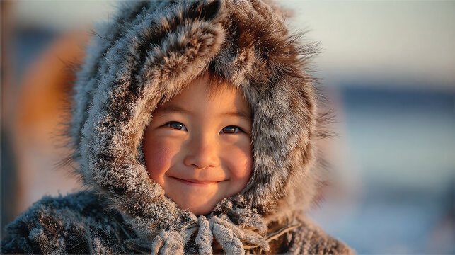 Little cute smiling Greenlandic child in traditional fur clothing, seal anorak with hood, on blurred background of Greenland landscape, copyspace, Inuit, Eskimo, Alaska, northern people, diversity