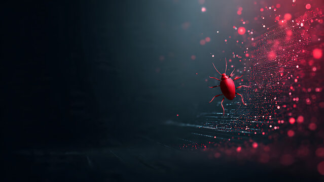 Abstract red digital insect symbolizing a potent cyber threat or malware vulnerability in a dark, glowing network environment, representing data corruption and system compromise