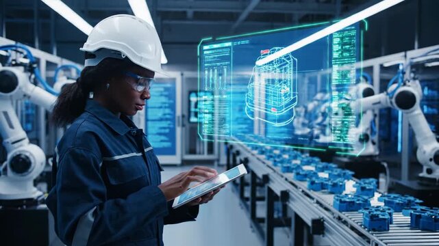 Black female engineer uses a tablet for augmented reality diagnostics on a factory conveyor line. Smart industry 4. 0 concept with robotic arms and a futuristic holographic interface