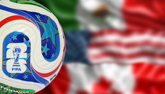 Cropped Adidas Trionda ball for FIFA World Cup 2026 with blurred Mexico United States and Canada flags