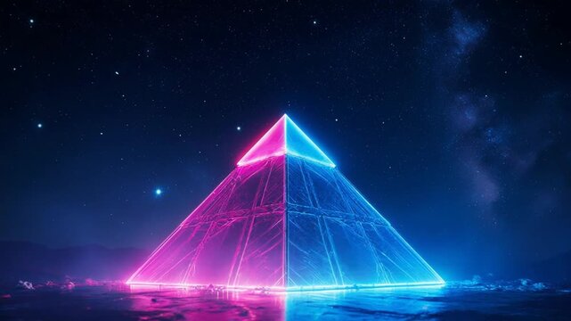 Glowing neon pyramid at night sky.