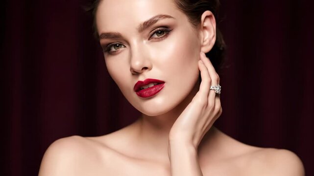 Glamorous young caucasian woman with evening makeup and red lipstick wearing diamond jewelry. Beautiful female model with perfect skin posing for a luxury brand advertisement