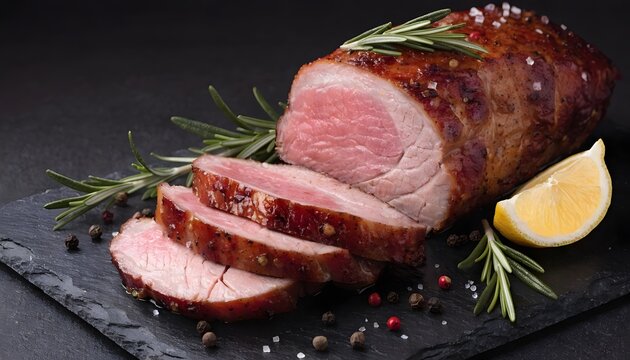 Tender sliced pork fillet with seasoning on dark stone plate high resolution Picture