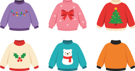 Christmas holiday ugly sweater vector collection featuring festive designs with a polar bear Christmas tree reindeer bow and seasonal winter patterns. © Mst Fateha Begum