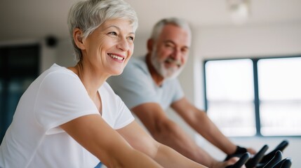 Obraz premium Older couple smiling while exercising on stationary bikes indoors 