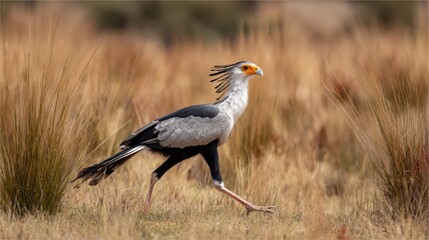 Obraz premium Bird walks across open field in the afternoon sun, showing bright colors and unique features in natural habitat