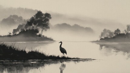 Obraz premium Cranes standing near a river at dawn with trees in the background and mist hanging over the water