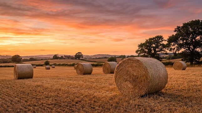 Farmer field with many round straw bales at sunset. Agricultural landscape for grain harvest time. Rural scenery with hay stacks in countryside for food production and sustainable farm industry