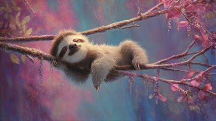 Fototapeta premium Sloth resting on a branch surrounded by colorful flowers in a vibrant forest setting during the day