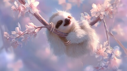 Fototapeta premium Sloth rests on a branch surrounded by flowers in a colorful background during daytime