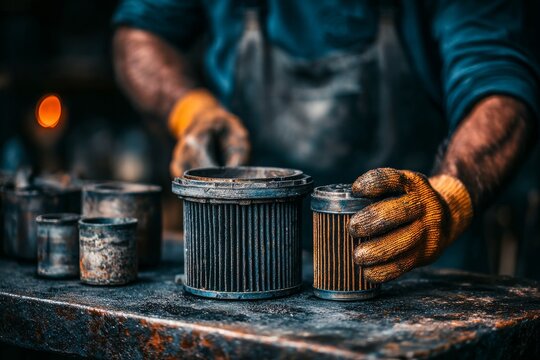 Dirty, greasy hands of a mechanic are shown in close-up while fixing the engine's EGR valve