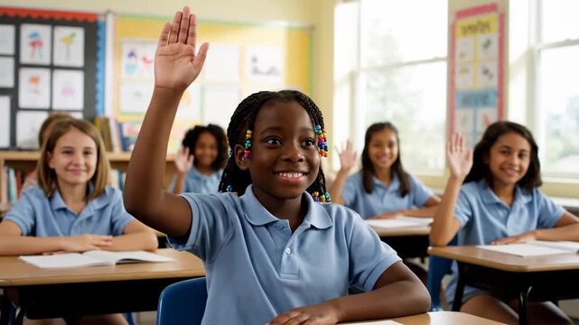 Happy african american girl raising her hand in a diverse elementary school classroom. Eager young student participating in a lesson and volunteering to answer a question