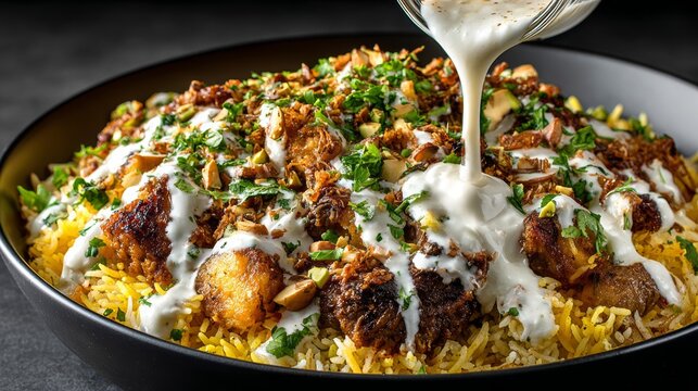 A vivid depiction shows a smooth Jameed yogurt sauce being poured over saffron rice and tender lamb for mansaf, garnished with toasted nuts and fresh herbs on a light wooden board