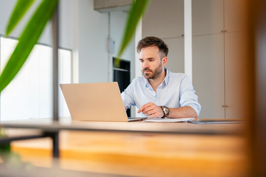 Businessman working at laptop in modern office setting