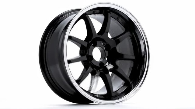 Modern black alloy car wheel with a polished silver edge shown in three rotation phases. Automotive part for vehicle tuning, sport racing or car service advertisement