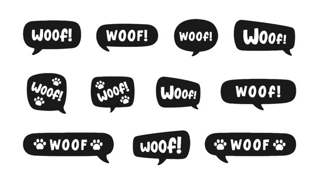 A set of black and white woof speech bubbles with paw prints
