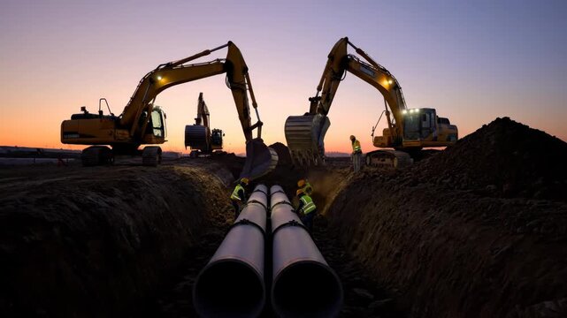 Excavators digging a trench for a new pipeline at dusk. Male adult workers installing large diameter pipes on an industrial construction site for an infrastructure project