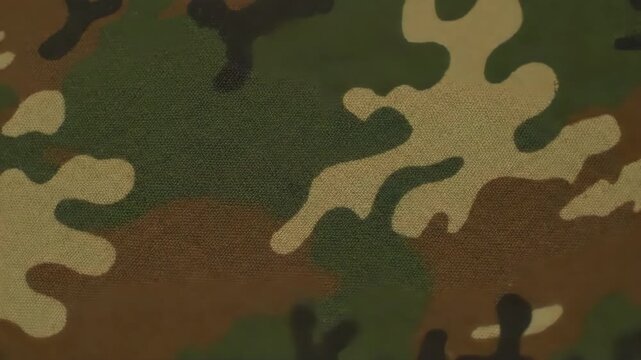 Classic woodland camouflage fabric texture background. Military green, brown, and black pattern for army or hunting concepts. Abstract soldier uniform textile surface