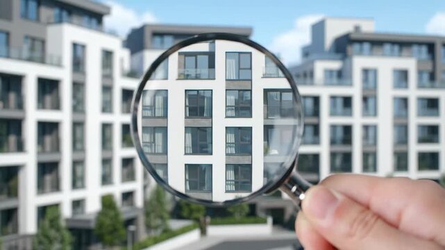 Hand holding a magnifying glass inspecting a modern apartment building facade. Real estate search and property selection concept for finding a new home or investment
