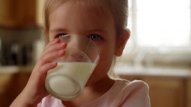 Little girl drinking milk with white mustache on upper lip, joyful eyes, soft window light, innocent childhood moment. Concept for children&rsquo;s dairy products