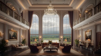 Fototapeta premium Grand interior with large windows and chandelier