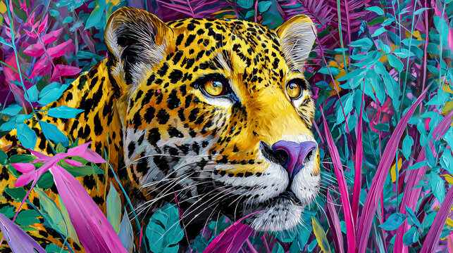 A colorful painting depicting a leopard peering out from tropical foliage. Abstract animalistic wallpaper. A colorful tropical forest.