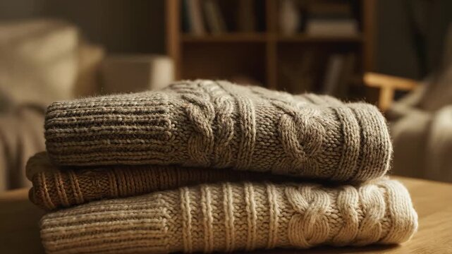 A person stacking warm cable knit sweaters on a wooden table at home. A cozy collection of folded woolen jumpers prepared for the cold autumn and winter season