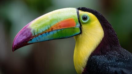 Fototapeta premium Colorful toucan perched on a branch in the rain, showcasing its large beak and bright feathers in a tropical forest setting