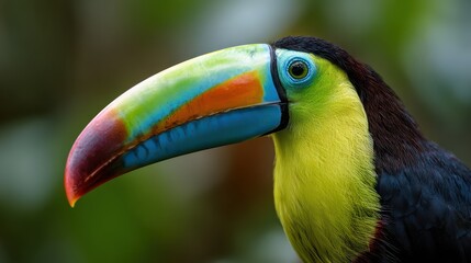 Fototapeta premium Colorful toucan perches in tropical forest during warm afternoon light while searching for food among lush greenery