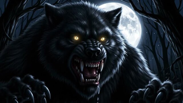 A terrifying black werewolf with glowing eyes and sharp fangs in a dark forest. Mythical monster creature under the light of a full moon for a scary halloween theme