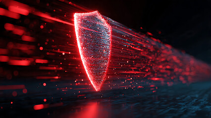 Obraz premium Cybersecurity shield defending against digital data breaches and network threats in a futuristic, dark environment