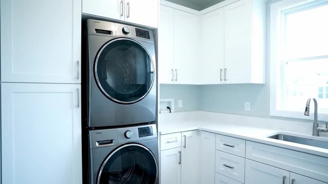 Bright and spacious laundry room featuring a stainless steel stacked washer and dryer. Modern white shaker cabinets and a utility sink provide a functional and clean design