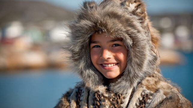 Little cute smiling Greenlandic child in traditional fur clothing, seal anorak with hood, on blurred background of Greenland landscape, copyspace, Inuit, Eskimo, Alaska, northern people, diversity