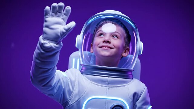 Sequence of a smiling young boy in a futuristic astronaut helmet and spacesuit waving his hand. Concept of childhood imagination, space travel dreams and stem education