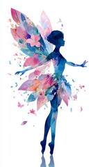 Obraz premium Watercolor artwork depicting a fairy, a butterfly on her hand, leaves, and vibrant feathers