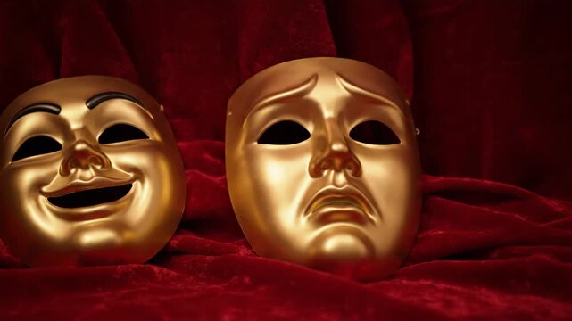 A row of classic theatrical masks showing comedy and tragedy expressions. Golden faces on red velvet symbolizing the spectrum of human emotion and performing arts