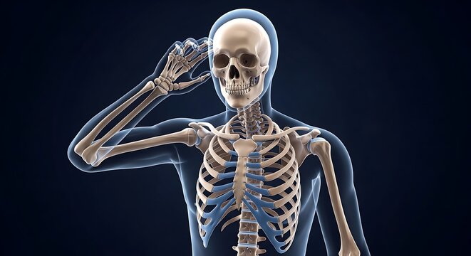 A detailed and realistic 3d rendering of a human skeleton holding a skull in its hand.