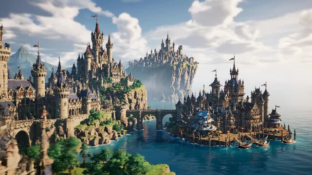 Panoramic view of a magnificent fantasy castle complex on a series of islands and cliffs. Detailed medieval architecture with towering spires and bridges connecting a seaside kingdom