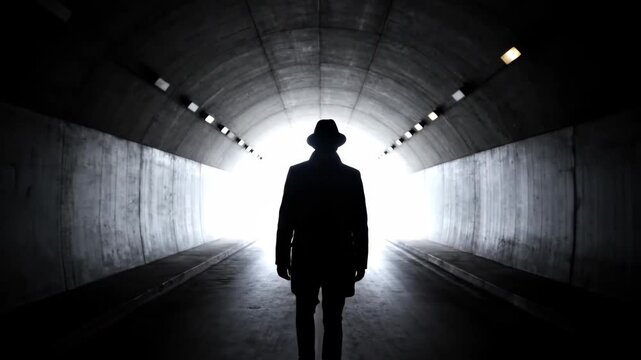 Silhouette of a man in a hat walking through a dark concrete tunnel towards a bright light. Conceptual sequence representing a journey of hope, progress, and future success